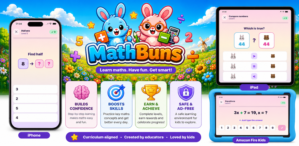 Mathbuns app on phones and tablets — counting, comparisons, times tables and more
